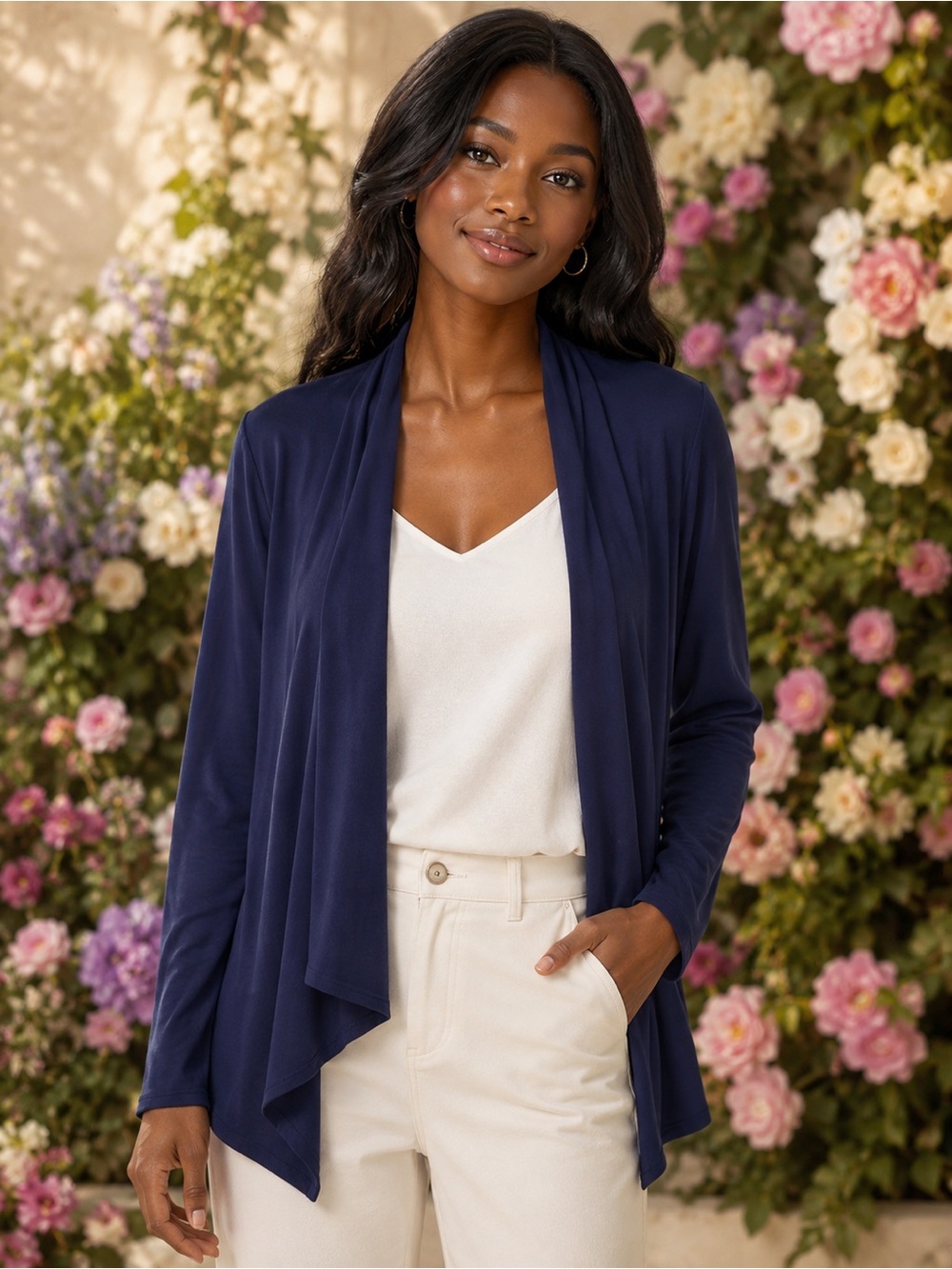 Lesley Evers Navy Draped Open-Front Women's Cardigan Sweater